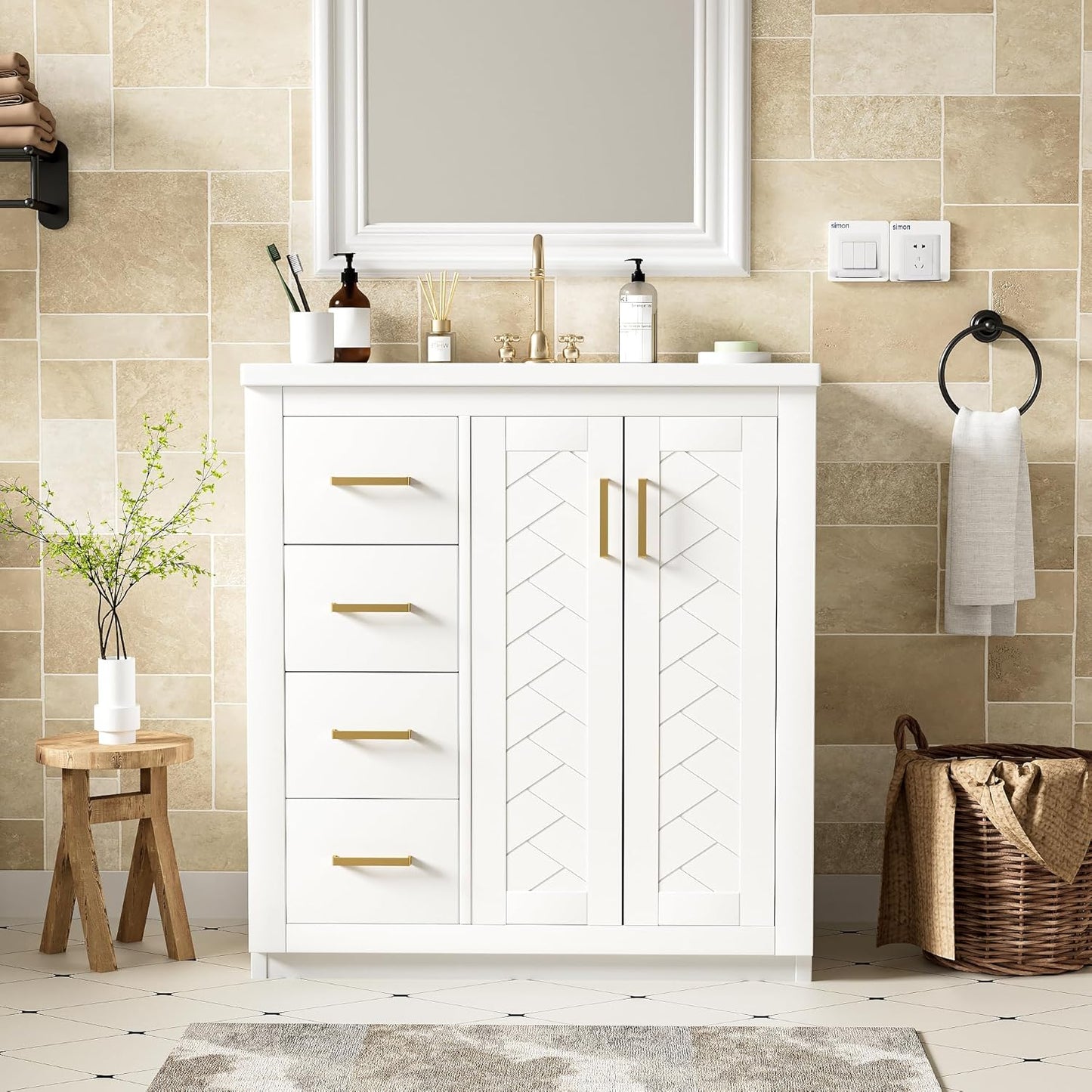 30 Inch Bathroom Vanity with Ceramic Sink, Modern Storage Cabinet with 3 Drawers and 2 Doors, Freestanding Bathroom Vanities, Soft Closing, Solid Wood Frame