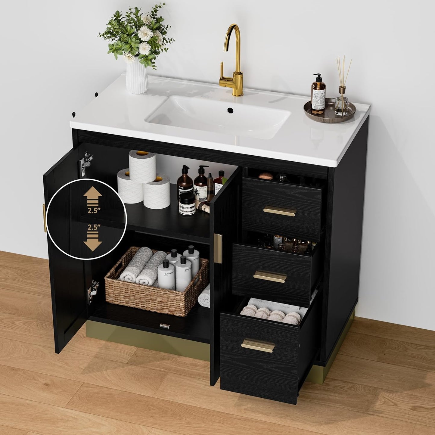 36 inch Bathroom Vanity with Sink, Freestanding Single Vanity Cabinet with Integrated Ceramic Countertop, Adjustable Shelves, 2 Soft Closing Doors & 3 Drawers, Modern Bathroom Sink for Bathroom, Black