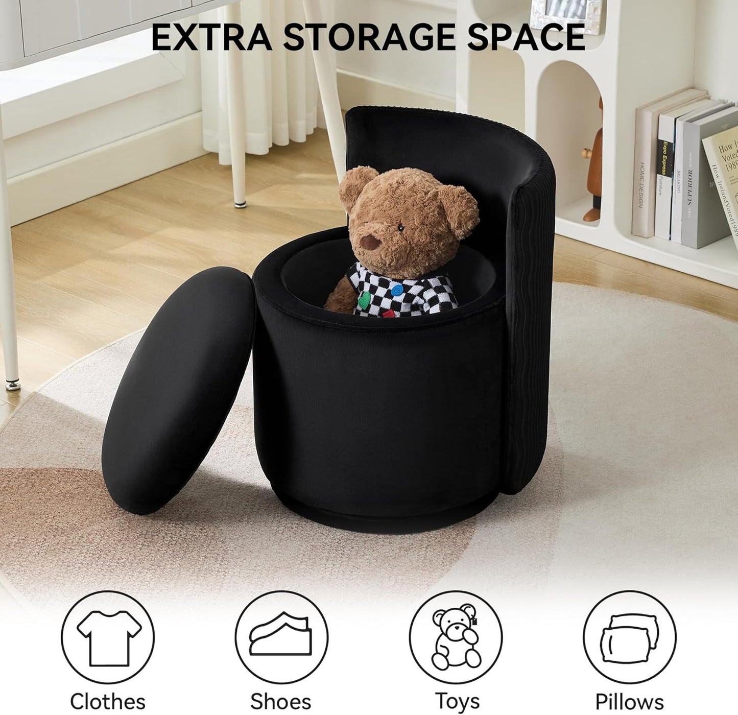 Velvet Vanity Chair with Storage, 360° Swivel Makeup Chair with Wave Back, No Assembly Small Accent Stool for Bedroom, Dressing, Living Room, Black