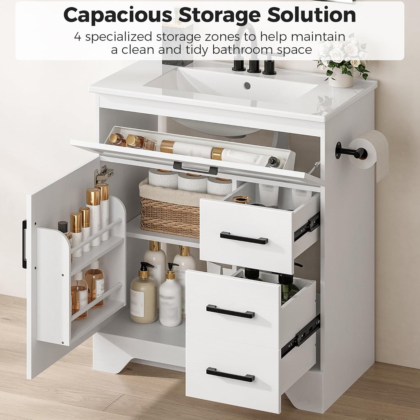 IRONCK 30" Bathroom Vanity with Sink, Freestanding Bathroom Storage Cabinet with 2 Drawers, 1 Tip-Out Drawer and 1 Soft-Close Door, Undermount Rectangular Ceramic Sink, Assembly Required, White