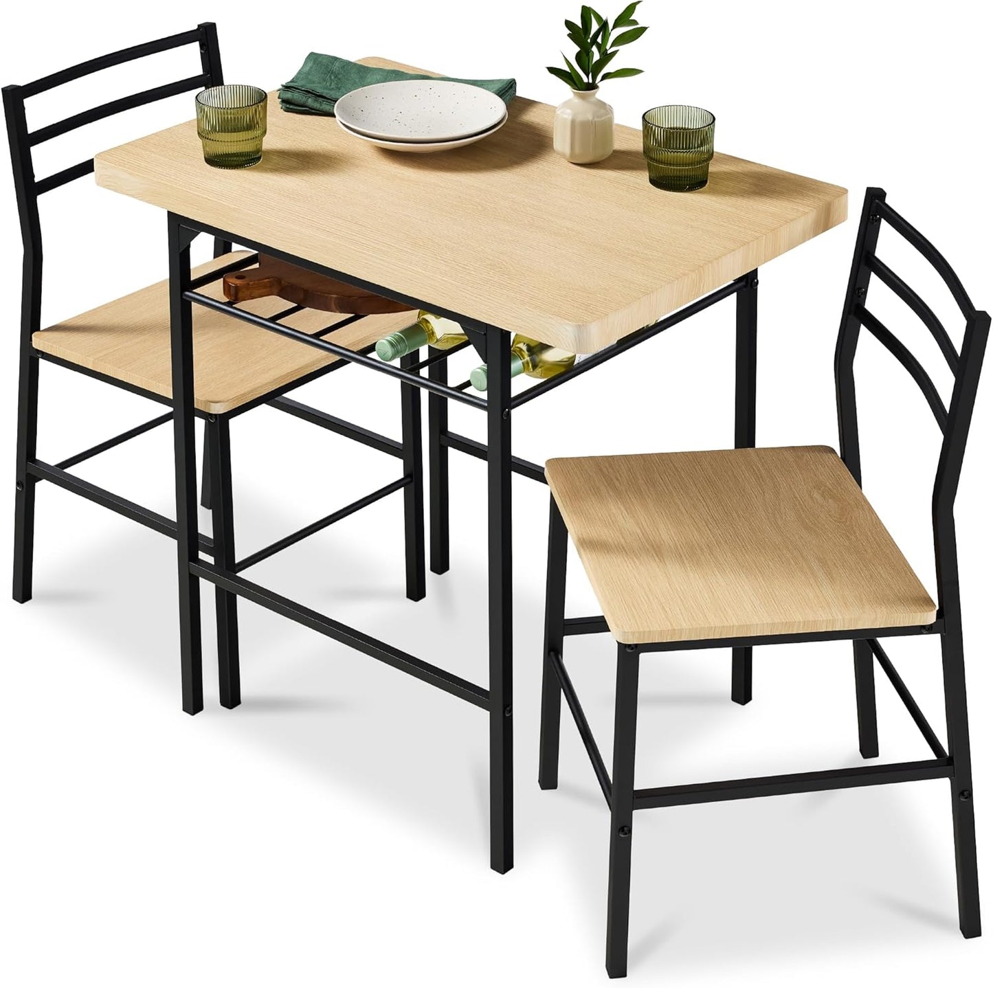 Best Choice Products 3-Piece Modern Dining Set, Space Saving Dinette for Kitchen, Dining Room, Small Space w/Steel Frame, Built-in Storage Rack - Medium Brown/Black