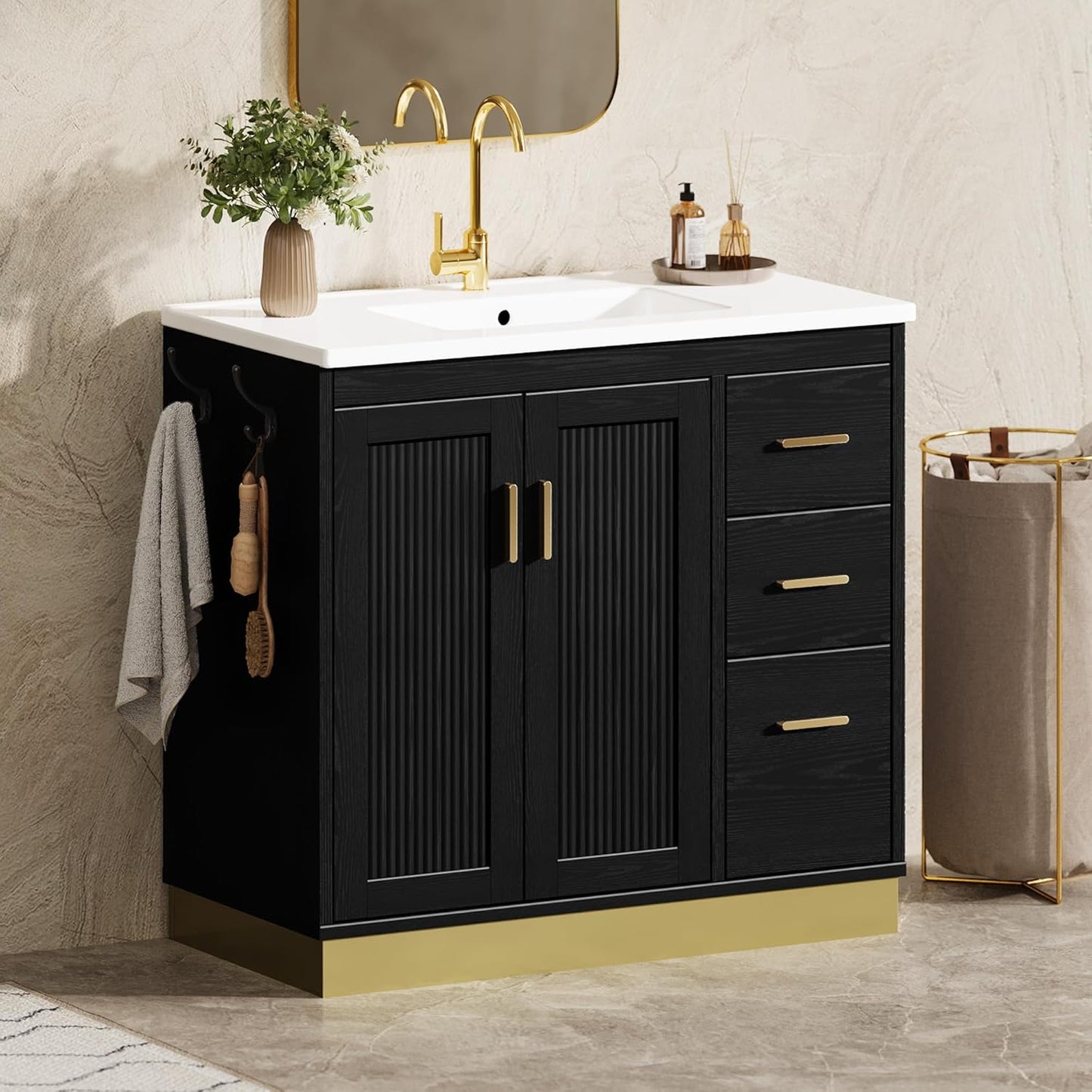 36 inch Bathroom Vanity with Sink, Freestanding Single Vanity Cabinet with Integrated Ceramic Countertop, Adjustable Shelves, 2 Soft Closing Doors & 3 Drawers, Modern Bathroom Sink for Bathroom, Black