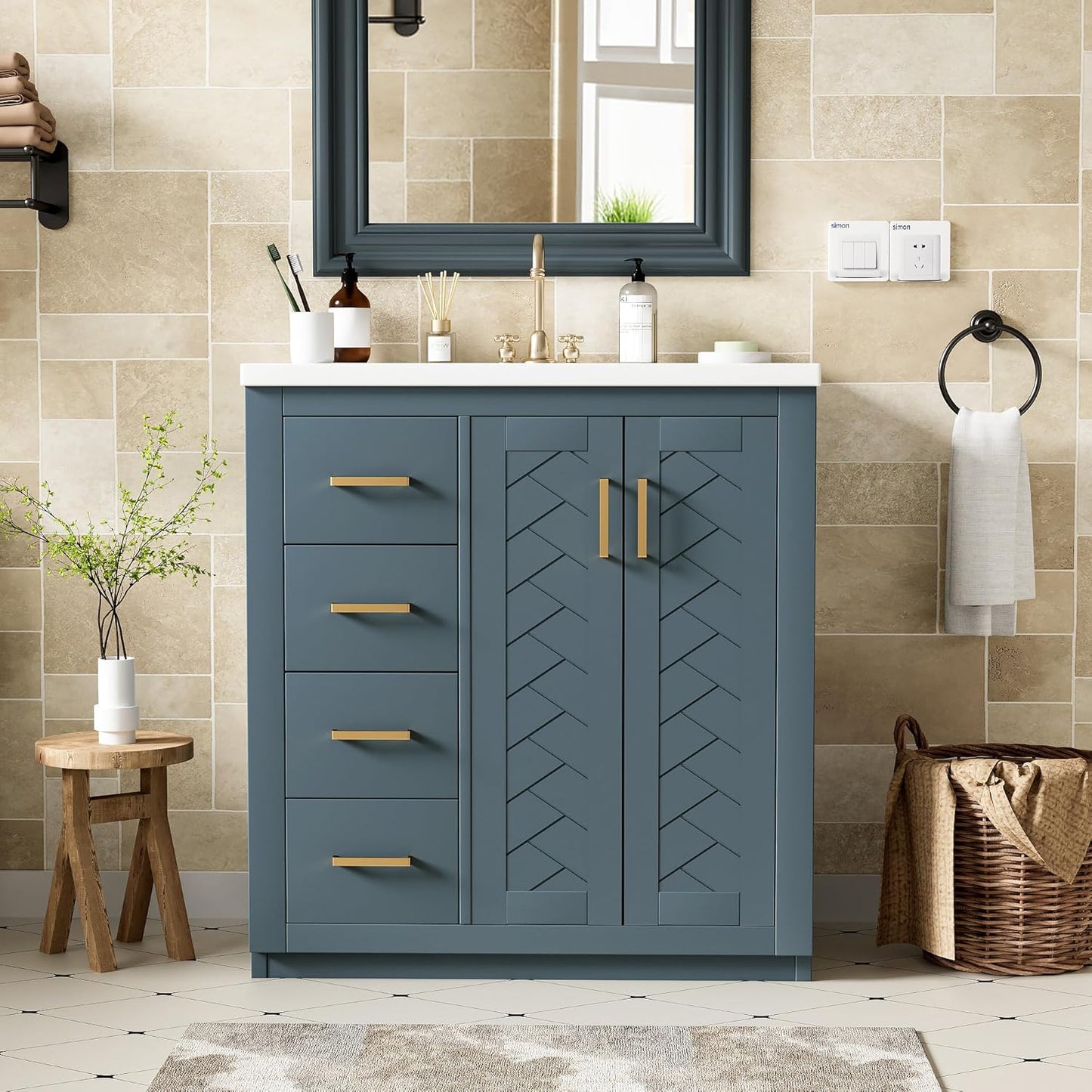 30 Inch Bathroom Vanity with Ceramic Sink, Modern Storage Cabinet with 3 Drawers and 2 Doors, Freestanding Bathroom Vanities, Soft Closing, Solid Wood Frame