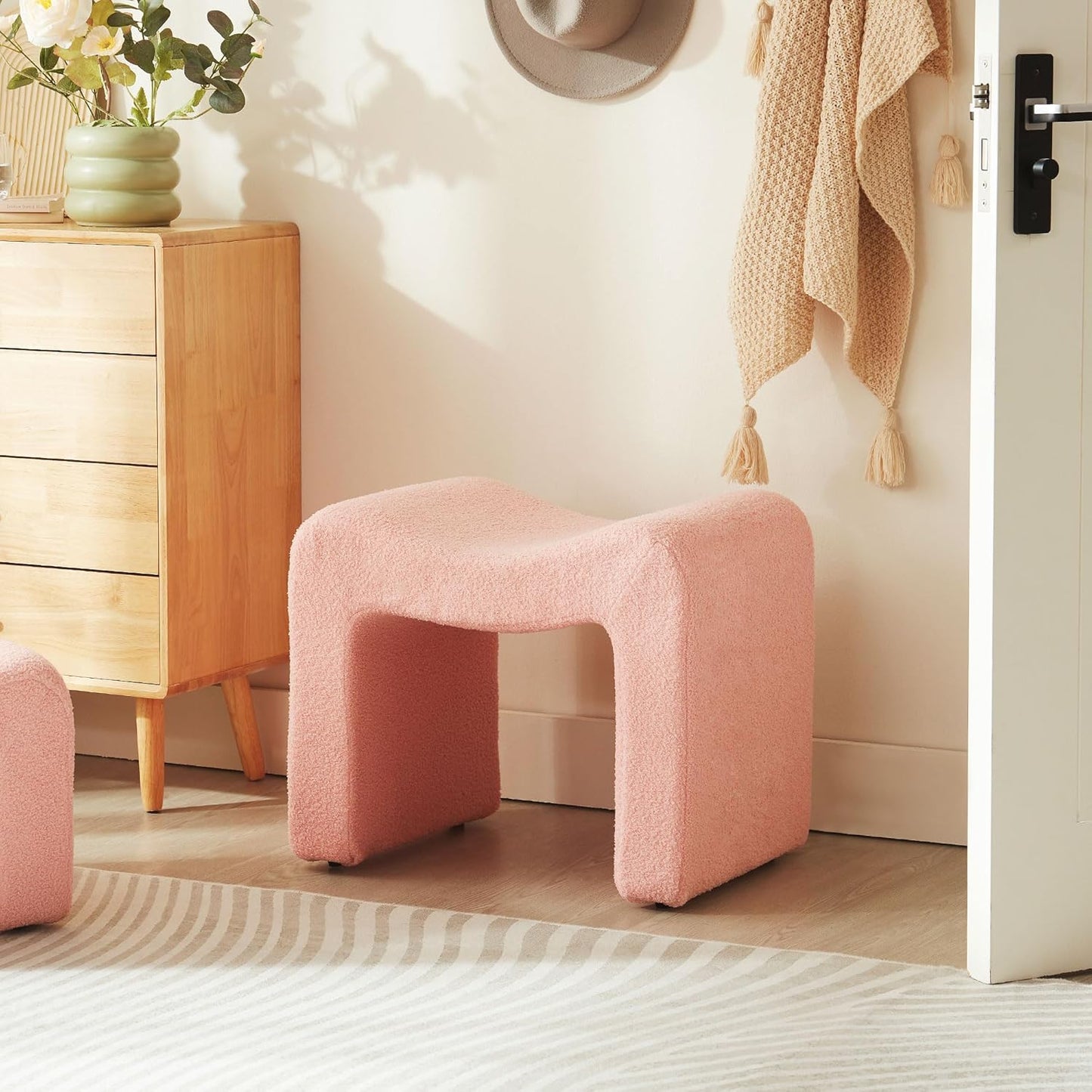 Small Footstool Ottoman Vanity Stool Chair Seating Backless Modern Foot Rest Teddy Velvet Ottoman for Makeup Room Living Room Bedroom Entryway,White (Single 1)