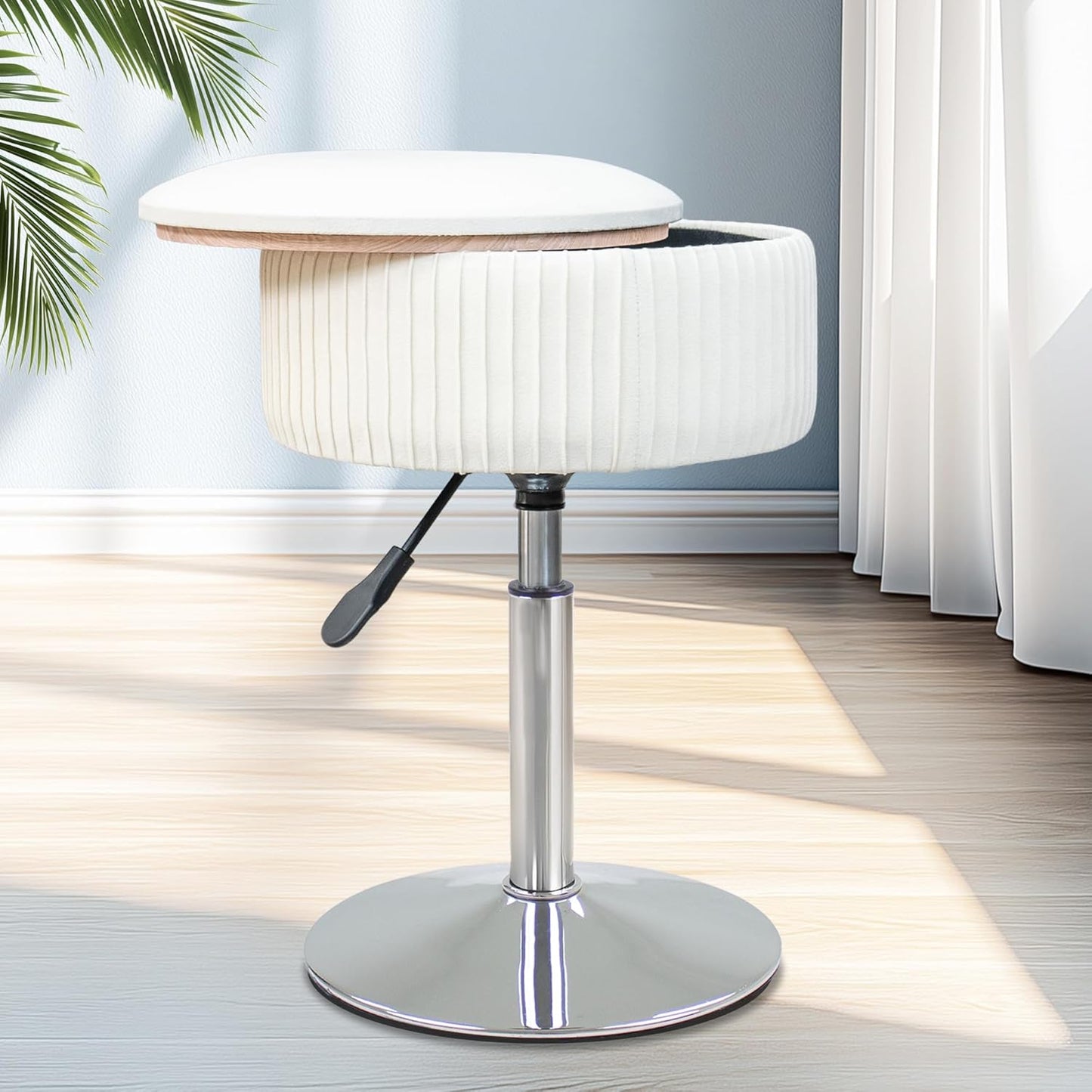 Velvet Vanity Stool for Makeup Room, Round Storage Ottoman Height Adjustable Gold Vanity Chair, 360° Swivel Footrest for Living Room Bedroom, Dark Green