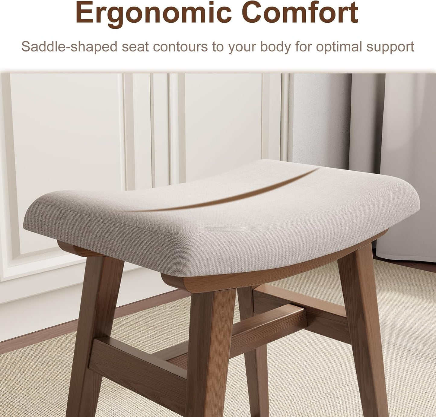 Solid Wood Small Vanity Stool, Compact Makeup Chair with Saddle Cushion, Linen-Covered High Rebound Sponge Seat, Easy Assembly Footstool for Bedroom, Entryway, Home, Walnut