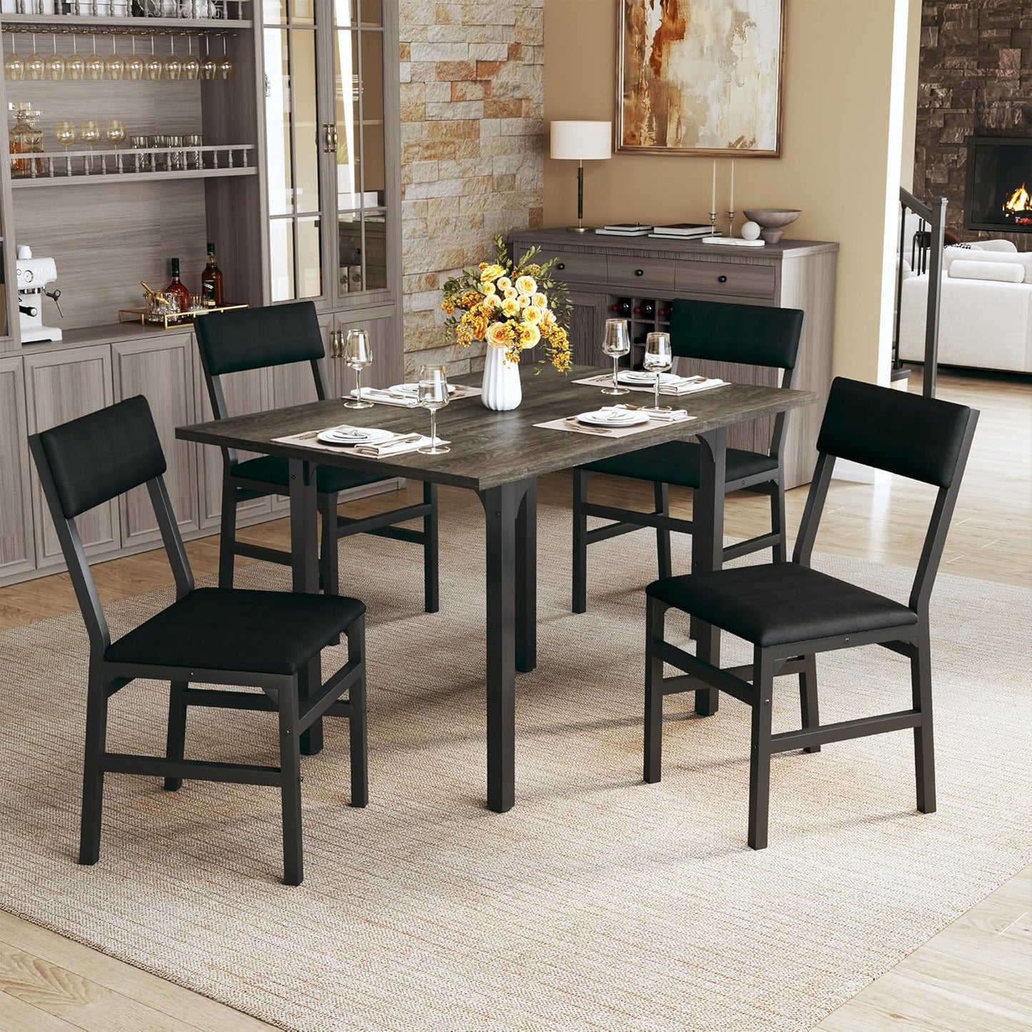 Dining Table Set for 4, Extendable Kitchen Table Cushion Chairs Set of 4, Rectangle Dining Table with Metal Frame & MDF Board, Folding for Small Apartment Saving Space, Black