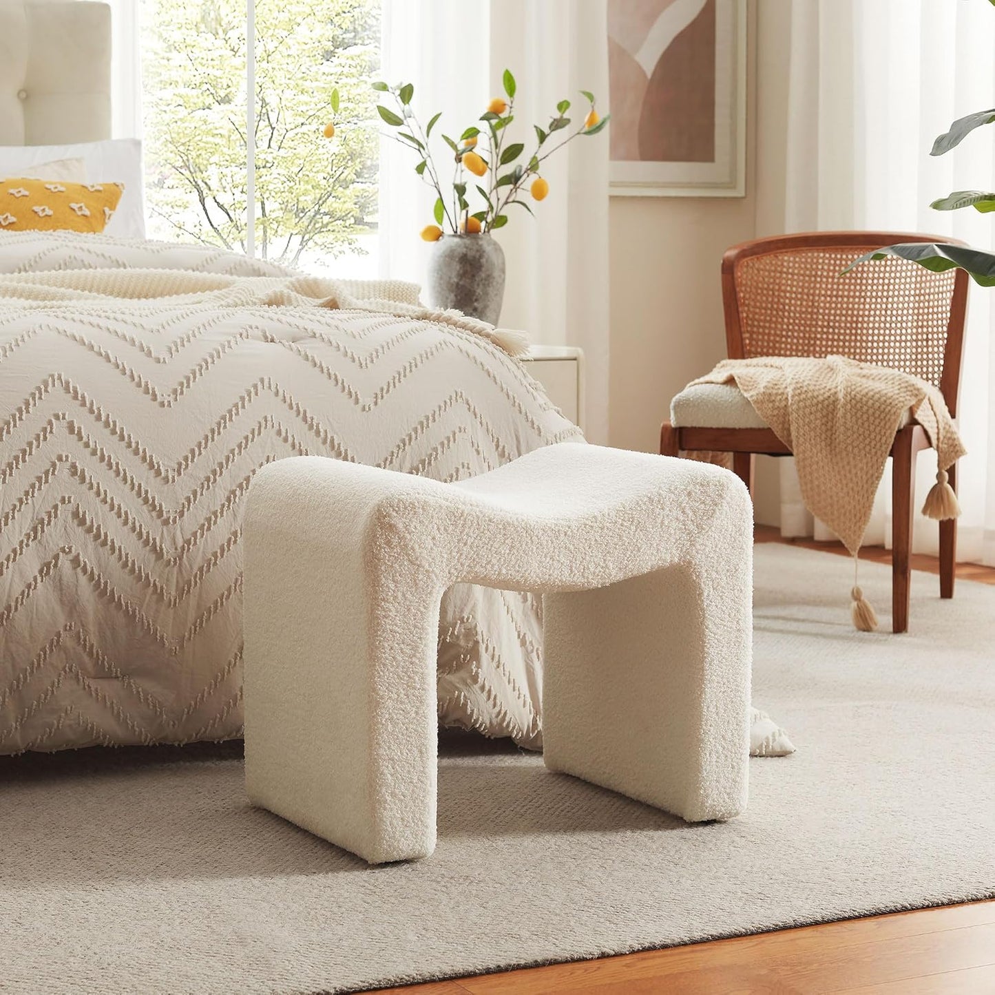 Small Footstool Ottoman Vanity Stool Chair Seating Backless Modern Foot Rest Teddy Velvet Ottoman for Makeup Room Living Room Bedroom Entryway,White (Single 1)