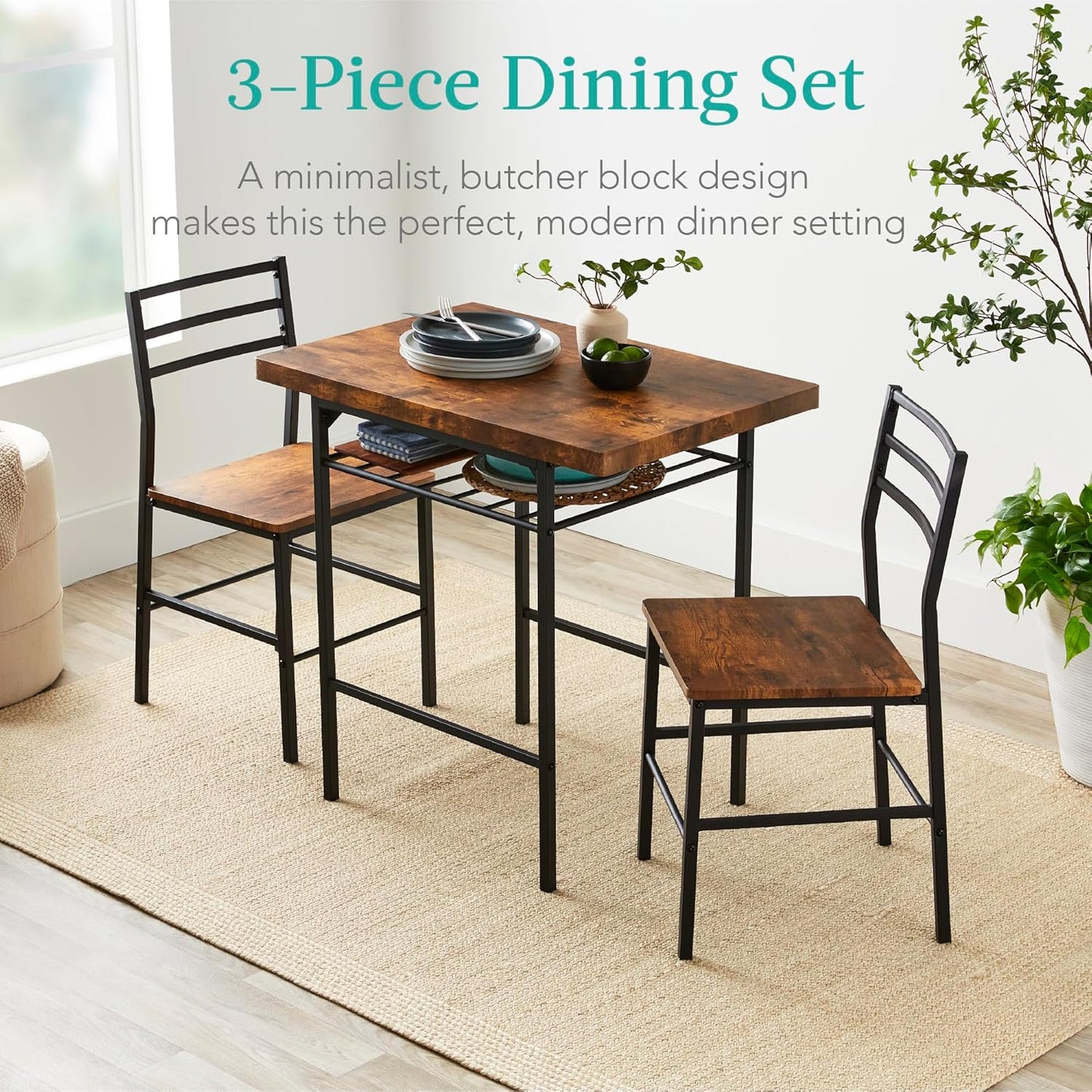 Best Choice Products 3-Piece Modern Dining Set, Space Saving Dinette for Kitchen, Dining Room, Small Space w/Steel Frame, Built-in Storage Rack - Medium Brown/Black
